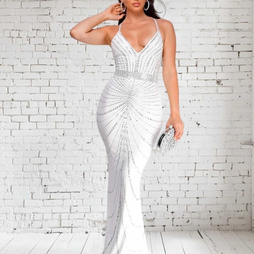 White Sequin Embellished Prom Gown